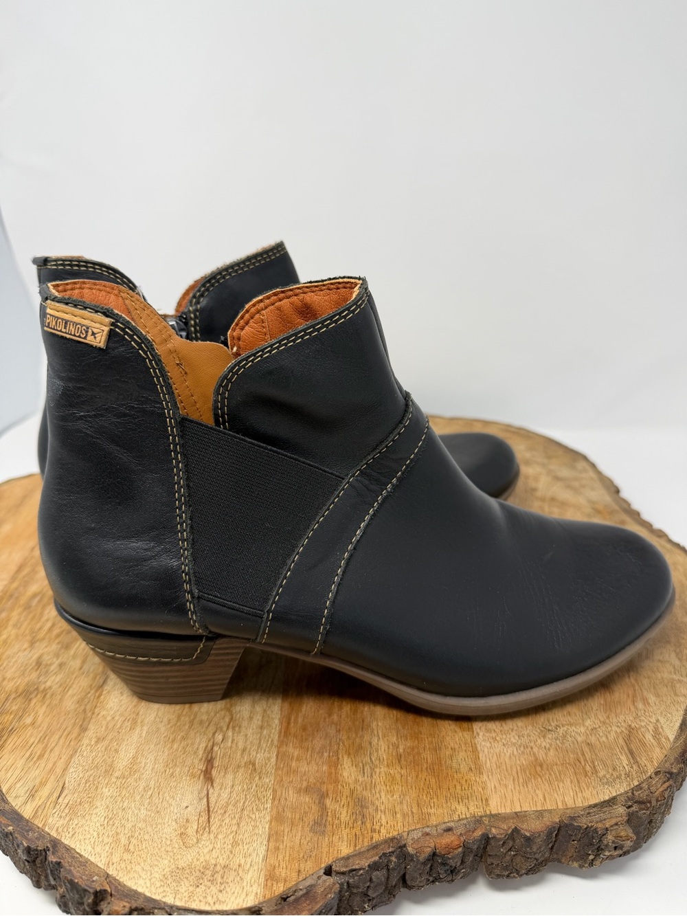 PIKOLINOS Rotterdam Black Leather Chelsea Ankle Boots with Tan Accent Gore Panel - Picture 10 of 12